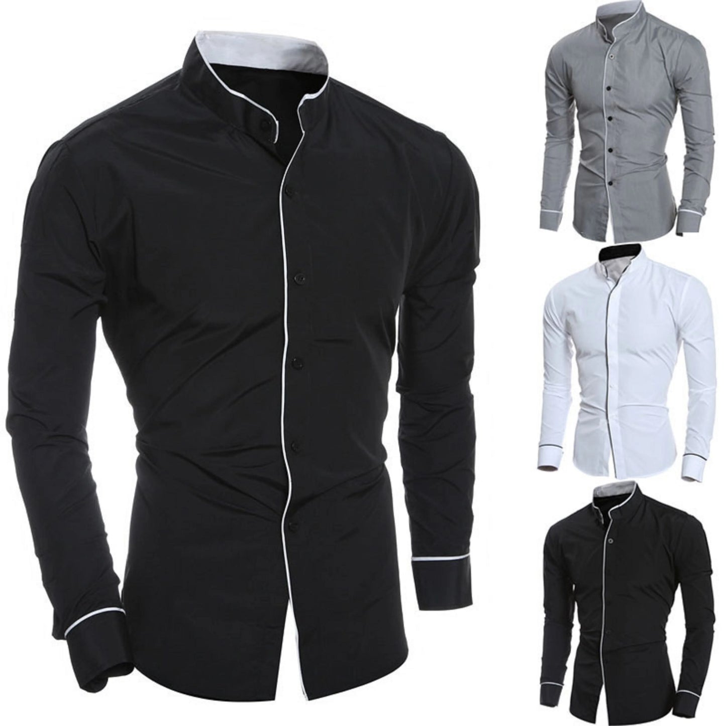 Men’s Stand Collar Long Sleeve Shirt - Slim Fit Solid Color Button Down Shirt for Spring & Autumn