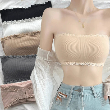 Women Summer Strapless Lace Bra, Seamless Breathable Invisible Chest Wrap Bralette, Sexy Back Lace Underwear Brassiere Top