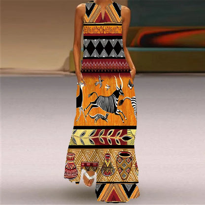 Vintage Boho Maxi Dress - Women's Summer V Neck Sleeveless Long Sundress with Pockets