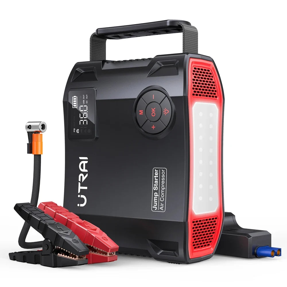 UTRAI 4-in-1 Car Jump Starter Power Bank - 2000A Battery Booster with 16000mAh Capacity, 150PSI Air Compressor Tire Inflator & Portable Charger