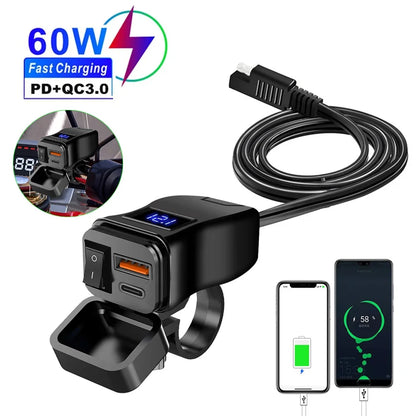 PD QC3.0 Motorcycle USB Fast Charger — 60W Dual USB Handlebar Socket with Switch & Voltmeter, Waterproof 12V Power Adapter