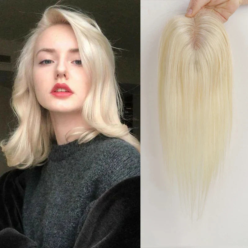 Ombre Blonde Brown 100% Remy Human Hair Topper – Silk Base Clip-In Extension for Women with Hair Loss, 12 Inch