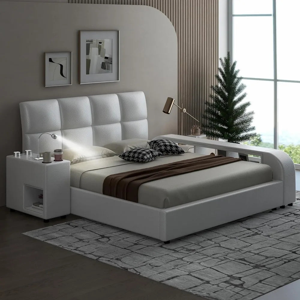 Queen Size Smart Upholstered Bed Frame – White Faux Leather Platform with Storage Shelves, Headboard & Multimedia Nightstand