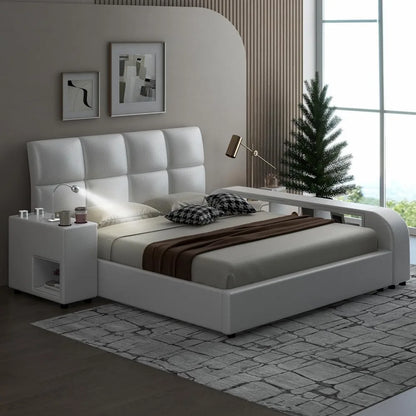 Queen Size Smart Upholstered Bed Frame – White Faux Leather Platform with Storage Shelves, Headboard & Multimedia Nightstand
