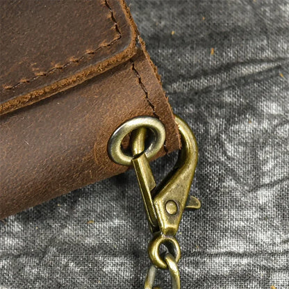 Men’s Genuine Leather Short Wallet with Chain – Trifold Zipper Clutch, Card Holder & Coin Purse