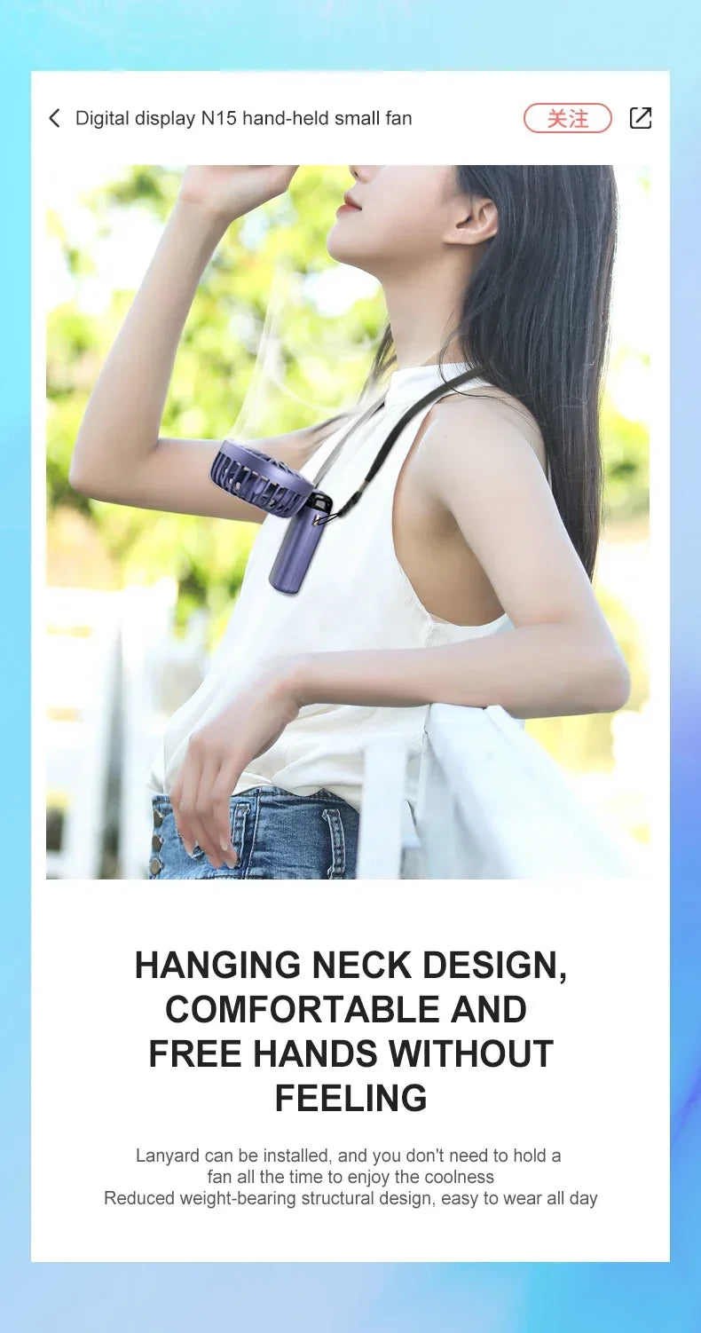 5000mAh Handheld Mini Fan – Wireless USB Rechargeable Portable Fan with Digital Display, Phone Holder, 5-Speed Foldable Neck Hanging Fan