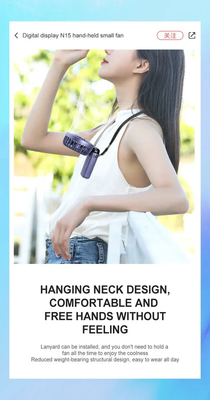5000mAh Handheld Mini Fan – Wireless USB Rechargeable Portable Fan with Digital Display, Phone Holder, 5-Speed Foldable Neck Hanging Fan