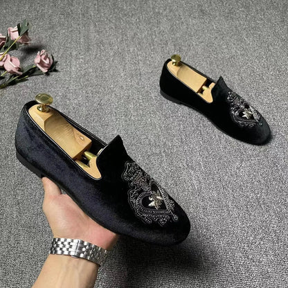 Men’s Luxury Embroidered Loafers - Black Wedding Tuxedo, Business & Formal Dress Shoes