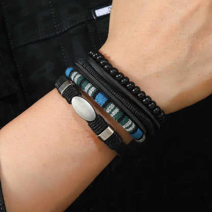 4Pcs Men's Braided Leather Bracelets Set – Vintage Life Tree & Rudder Charms, Wood Beads, Ethnic Tribal Wristbands