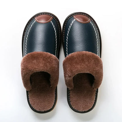 Men’s Winter Leather Slippers — Waterproof, Thick Velvet Cotton Indoor Home Shoes, Warm Bedroom Footwear