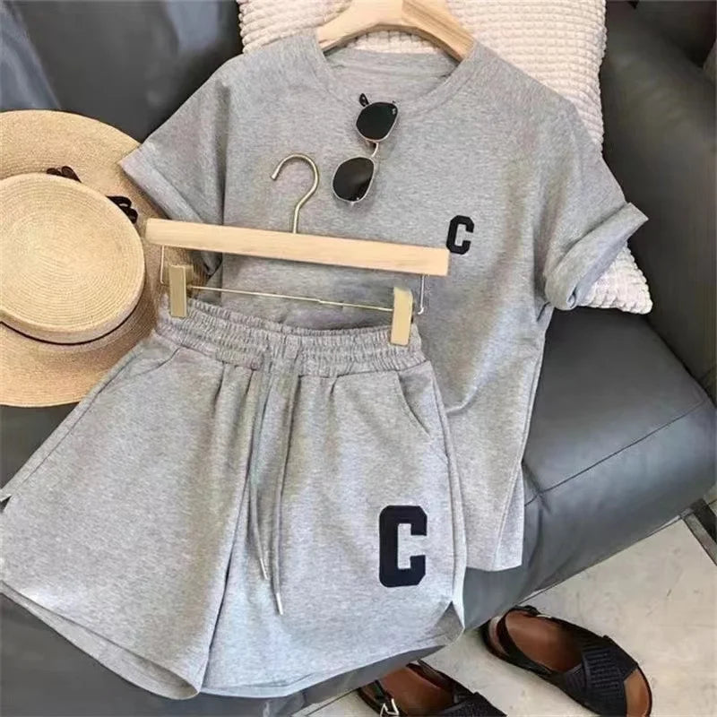 Women’s Two-Piece Sports Tracksuit – C Letter Print Short Sleeve T-Shirt with Drawstring Shorts, Exercise & Casual Wear