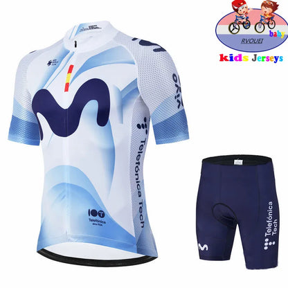 Kids Cycling Jersey Set - Baby Movistar Team Style Road Bike Shirt and Pants Suit for Boys and Girls MTB Riding