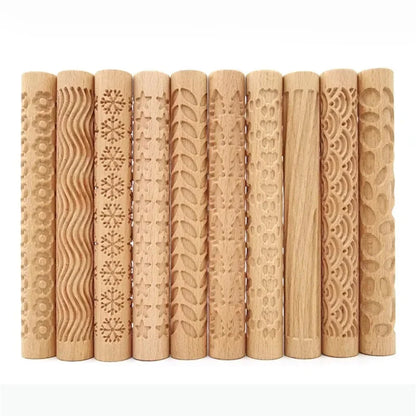 3D Embossed Pottery Rolling Pin - Wooden Hand Pressure Roller for Home Kitchen Baking, Pie and Cookie Making, Handmade Tool Supplies