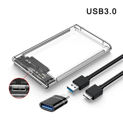 Clear 2.5 Inch SATA SSD HDD Enclosure - USB 3.0 Type-C External Hard Drive Case with UASP Support