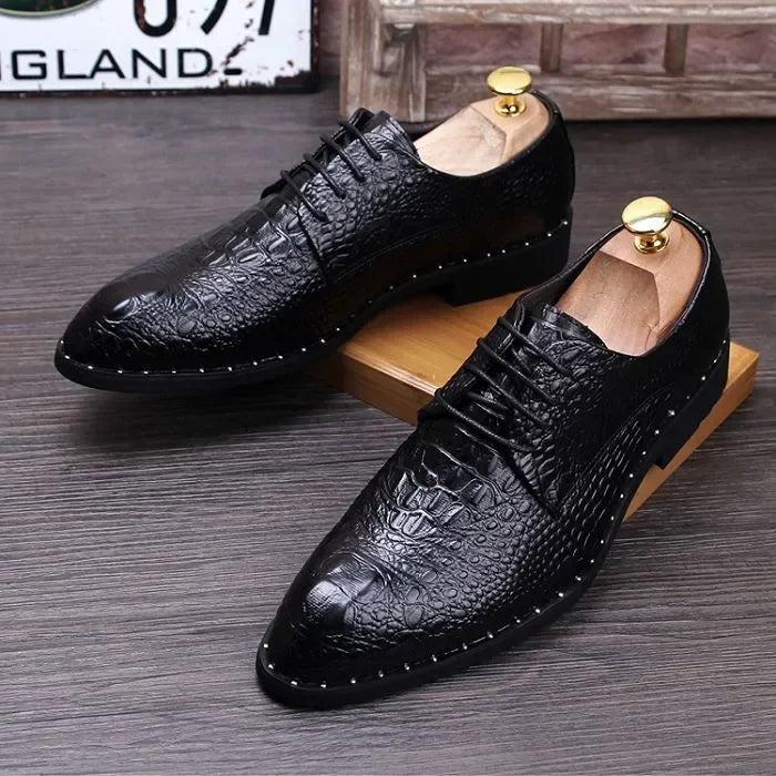 Men’s Alligator Grain Leather Oxford Shoes - Pointed Toe Lace-Up Business & Casual Dress Shoes for Office and Formal Wear