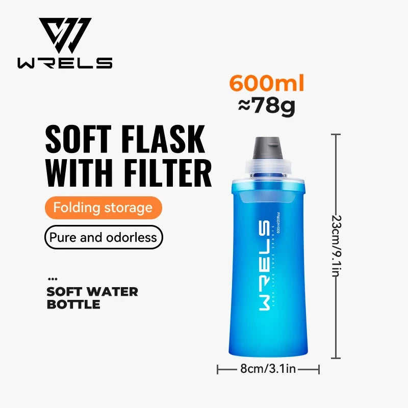 WRELS Soft Water Bottle with Filter - Ultralight Collapsible Hiking & Camping Hydration Flask