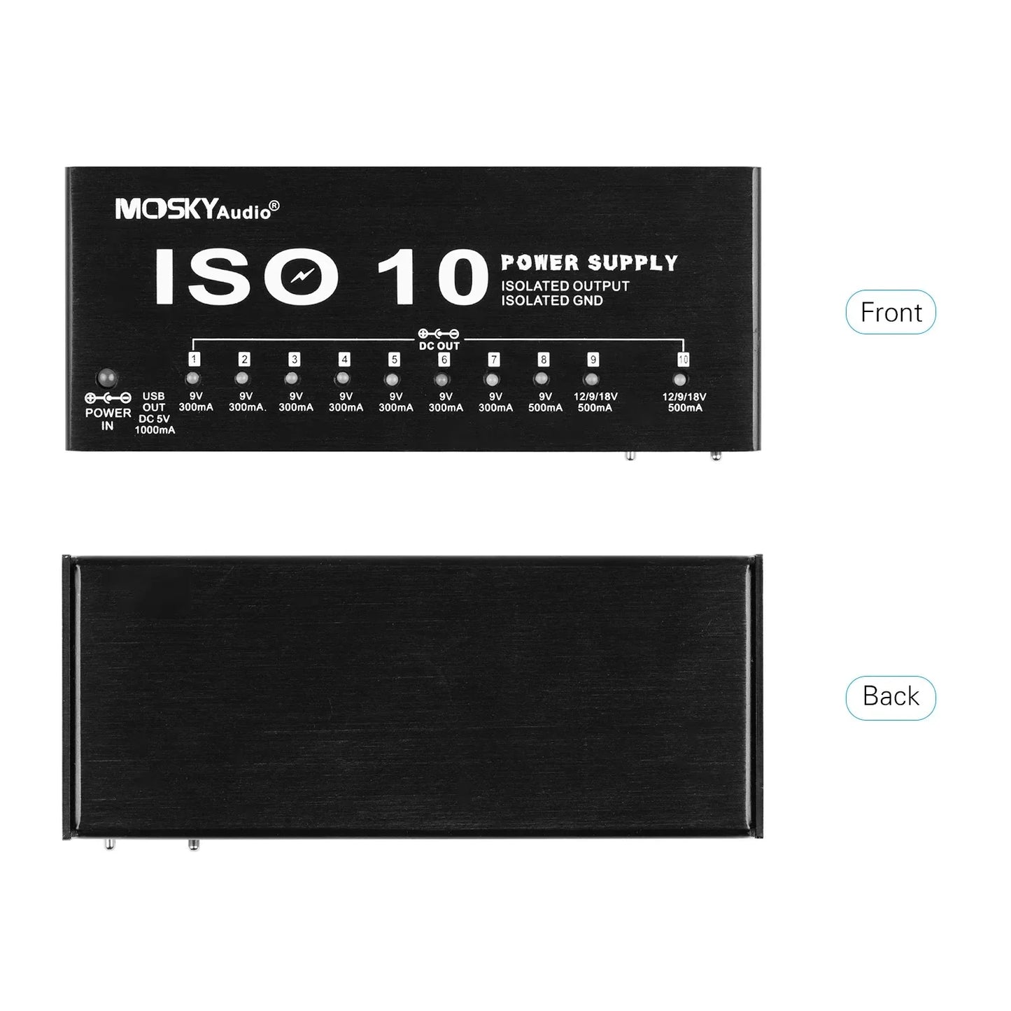 MOSKY ISO-10 Guitar Pedal Power Supply – 10 Isolated DC Outputs, 5V USB Output for 9V, 12V, 18V, Protection for Guitar Accessories