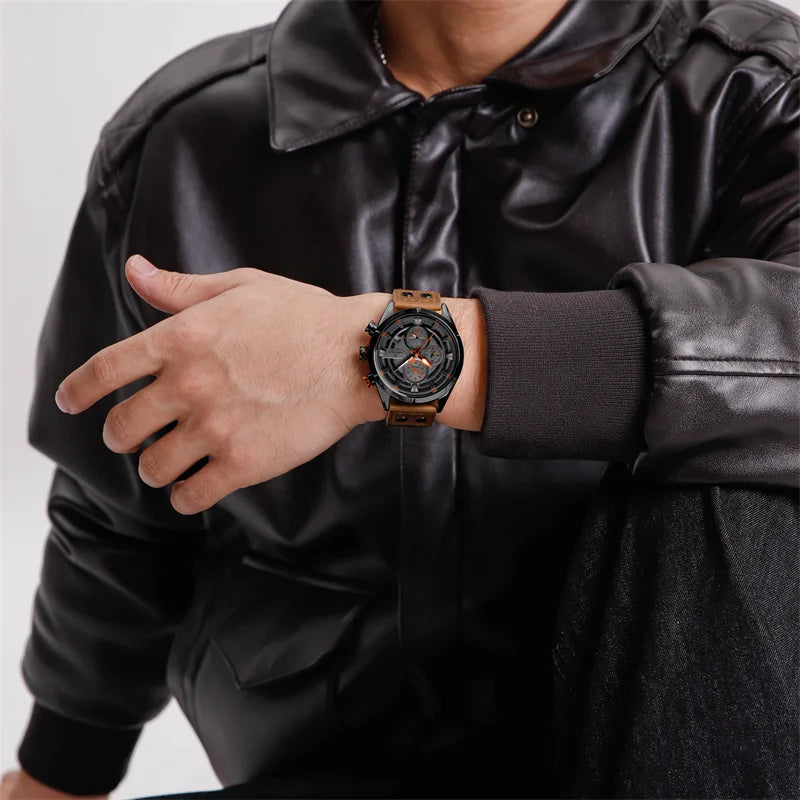NAVIFORCE Men's Casual Watch – Luxury Waterproof Chronograph Quartz Wristwatch with Genuine Leather Strap