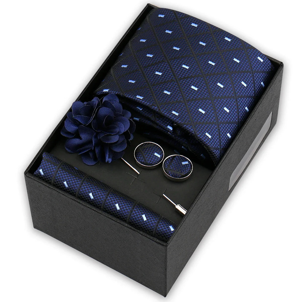 Men’s 4-Piece Tie Set Gift Box - Elegant Necktie with Handkerchief, Cufflinks & Brooch for Business, Wedding & Suit Accessories