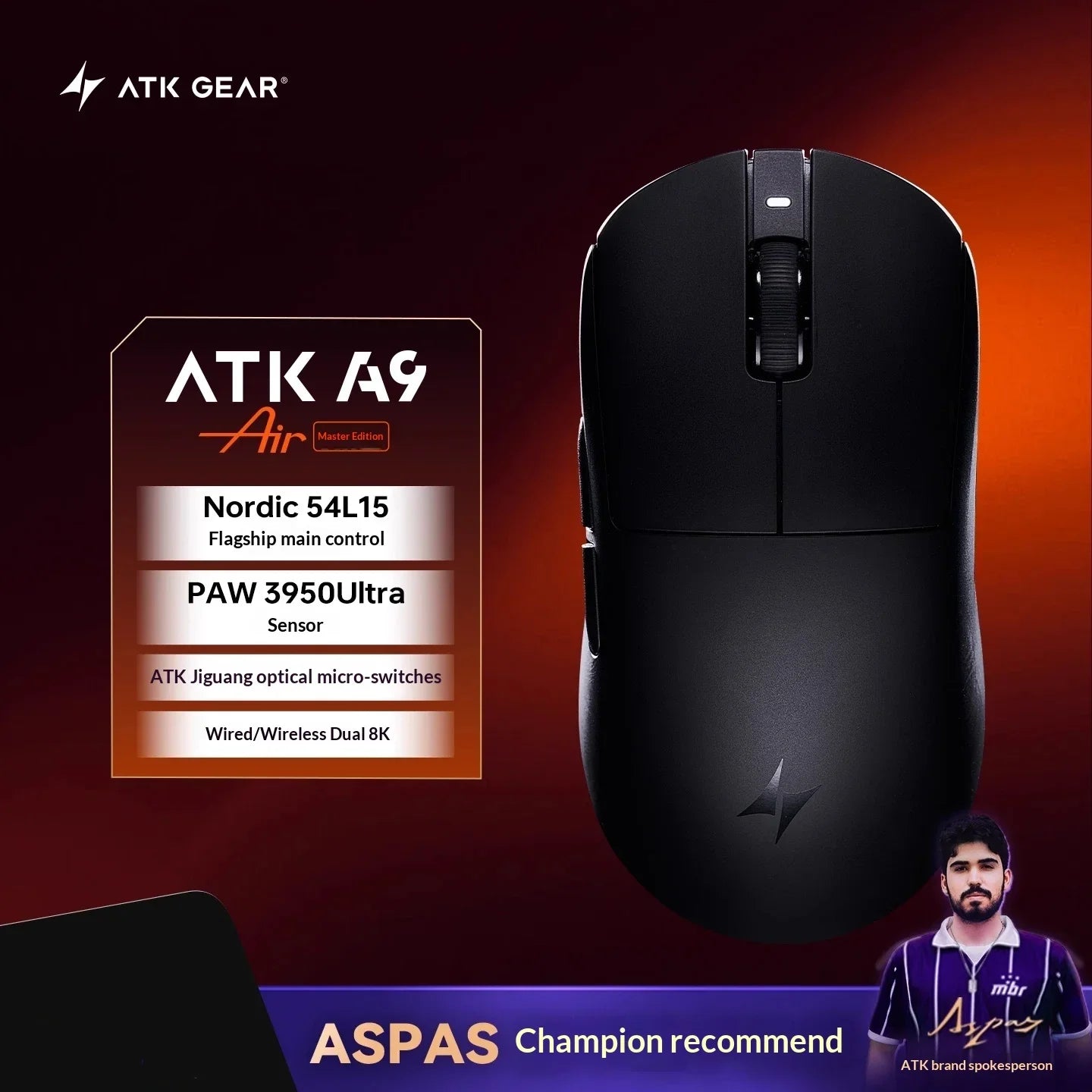 ATK DragonFly A9 Air Ultimate Wireless Gaming Mouse - 42000DPI PAW3950 Sensor 8KHz RGB Ergonomic Mouse for PC Windows & MacOS