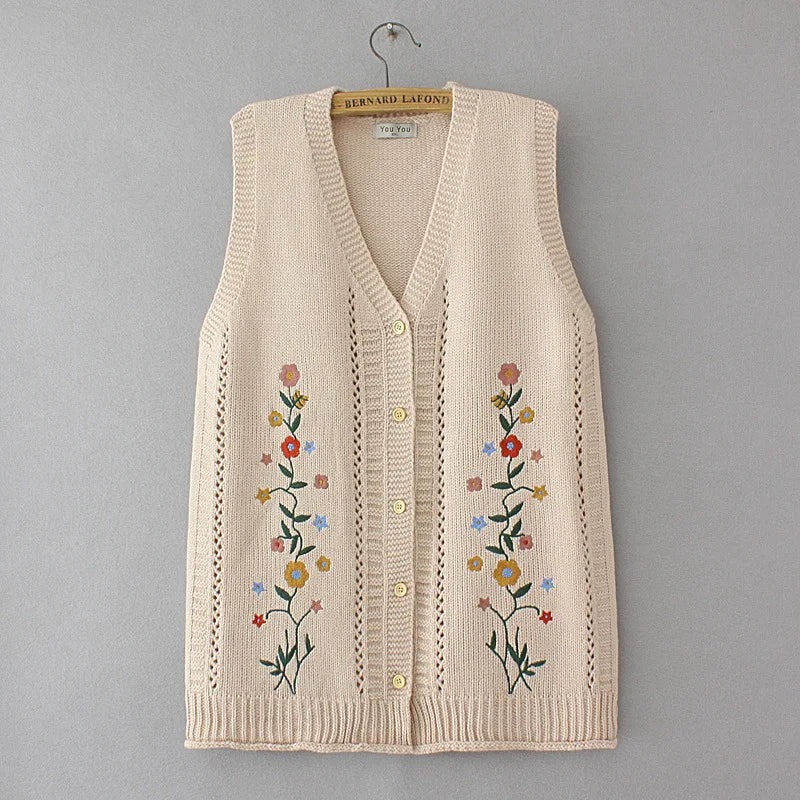 Plus Size Women's Embroidered Hollow Knit Sweater Vest – V-Neck Cardigan, Casual Autumn Fashion, E2 3023