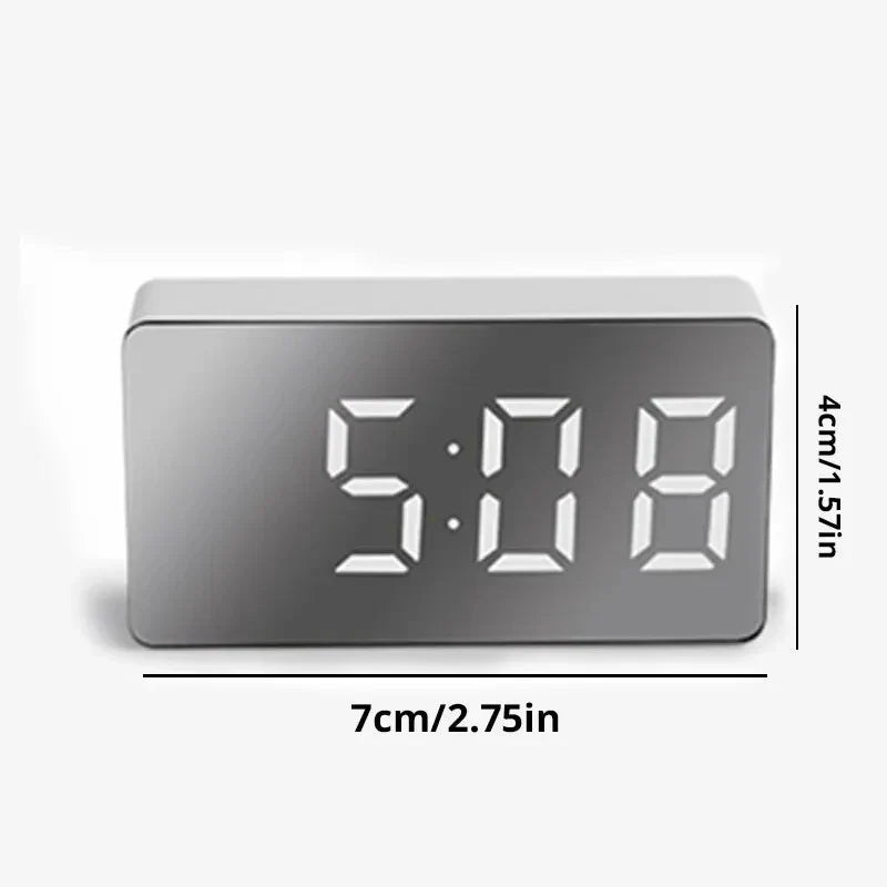 White LED Mirror Alarm Clock – USB Desktop Clock with Time Display, Snooze & Night Light for Home Decor