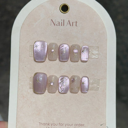 10 Pcs Handmade Short Square Press-On Nails – Full Cover Flower & Cat Eye Ballet False Nails Manicure Tips