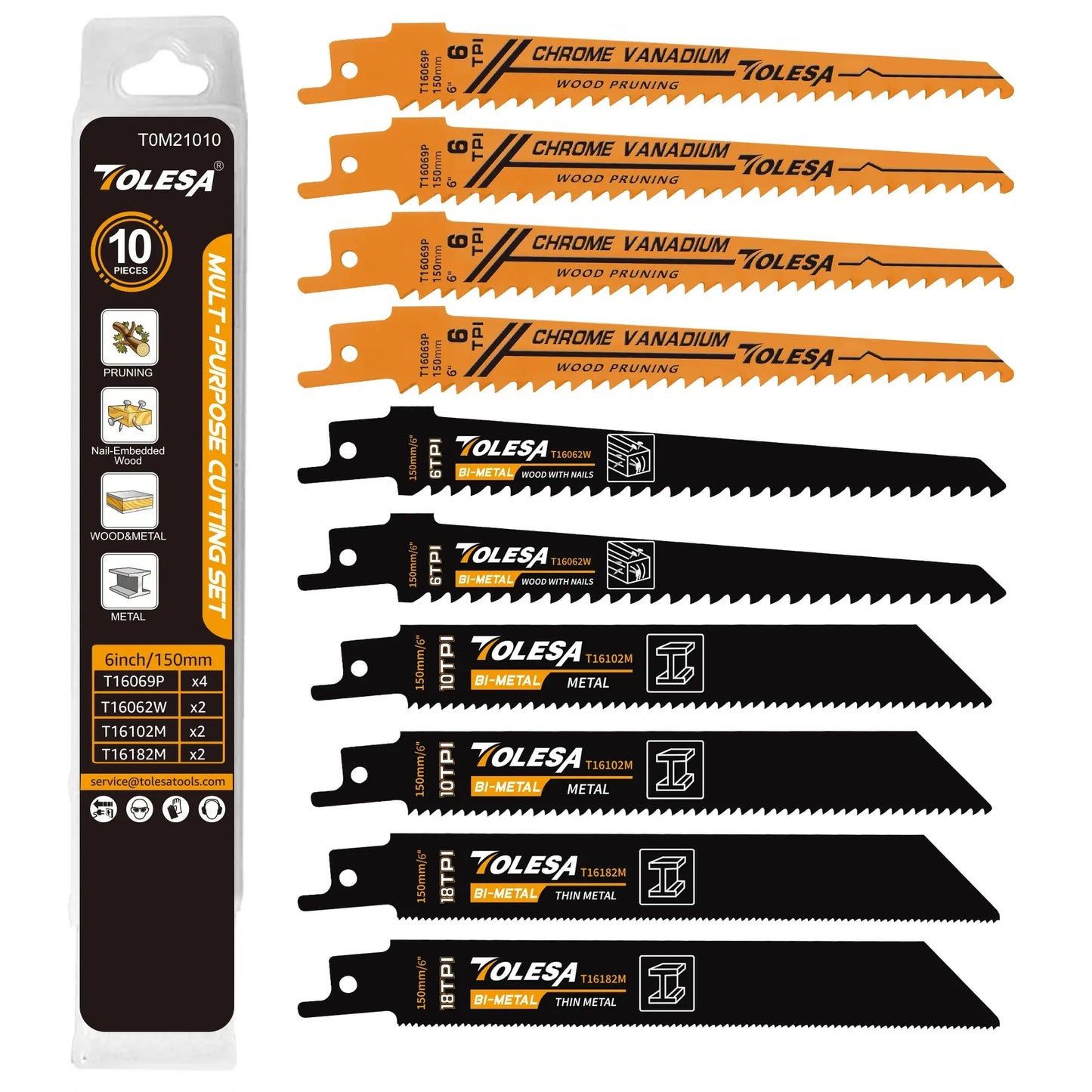 TOLESA 10PCS Reciprocating Saw Blades - Wood Pruning PVC Metal Cutting Sawzall Blades for Demolition Work