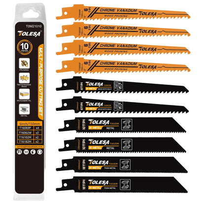 TOLESA 10PCS Reciprocating Saw Blades - Wood Pruning PVC Metal Cutting Sawzall Blades for Demolition Work