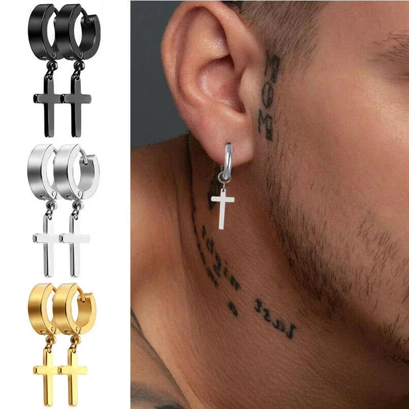 Stainless Steel Cross Star Dangle Earrings - Punk Gothic Hoop Huggie Jewelry for Men & Women