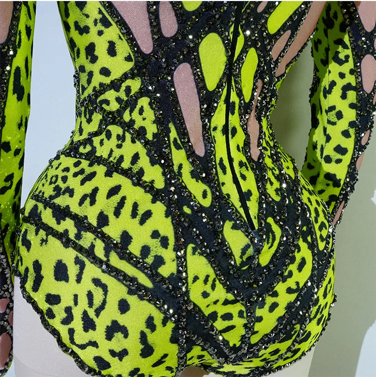 Sexy Sparkly Green Rhinestone Bodysuit – Stage Dance Costume for Party, Bar Show, Drag Queen, Cosplay & Halloween