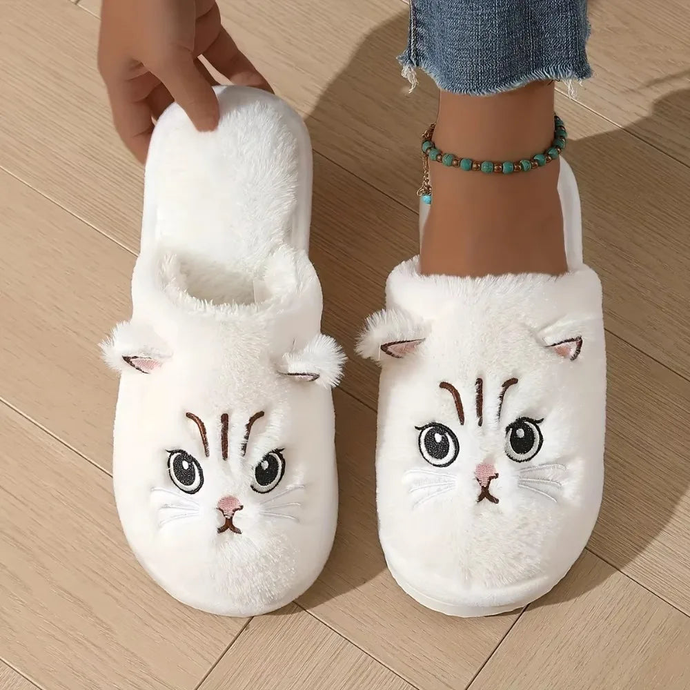Women’s Plush Cat Slippers - Winter Warm Cozy Indoor House Shoes with Soft Non-Slip EVA Sole