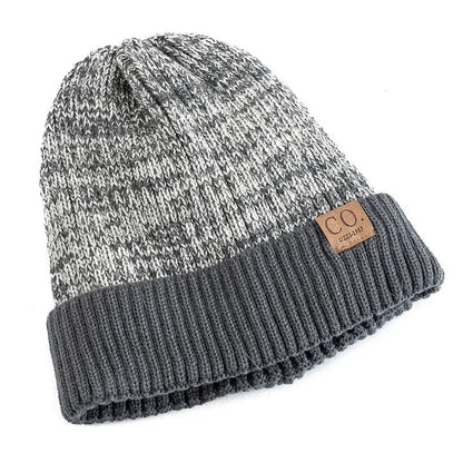 Unisex Two-Tone Winter Beanie Hat - Fur-Lined Knitted Cap for Men and Women, Casual Fashion Warmth