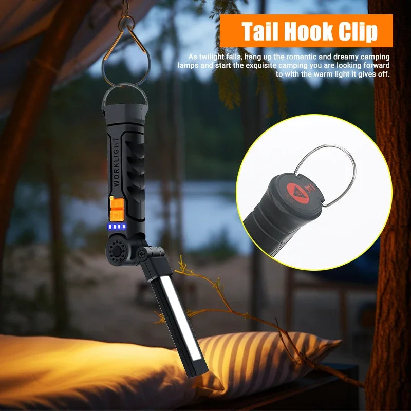 Portable COB LED Work Light - USB Rechargeable Magnetic Flashlight Camping Lantern with Hanging Hook