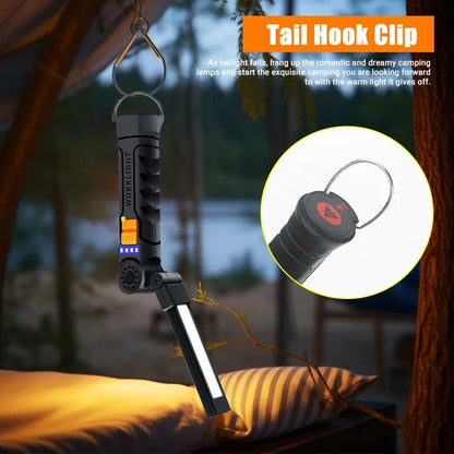 Portable COB LED Work Light - USB Rechargeable Magnetic Flashlight Camping Lantern with Hanging Hook