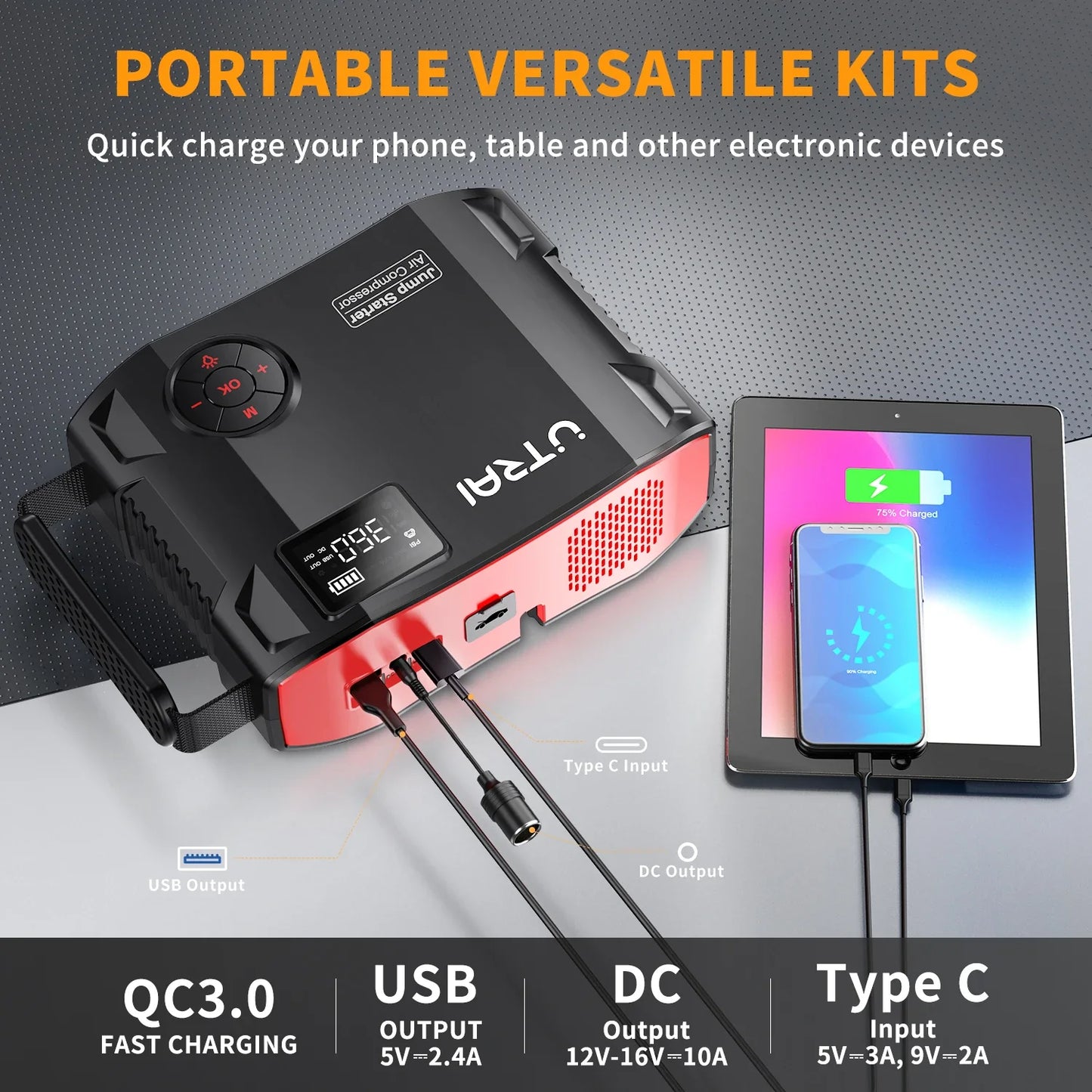 UTRAI 4-in-1 Car Jump Starter Power Bank - 2000A Battery Booster with 16000mAh Capacity, 150PSI Air Compressor Tire Inflator & Portable Charger