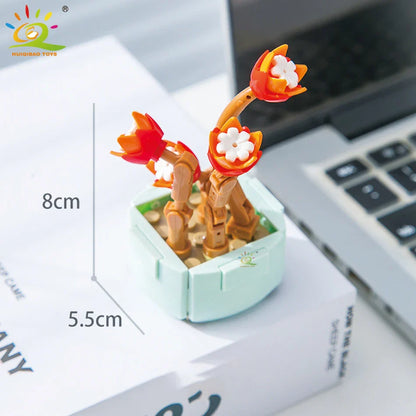 HUIQIBAO MOC Flower & Succulent Potted Building Block Set – DIY Eternal Bouquet, Home Desk Plant Decor, Girls & Kids Toy Gift