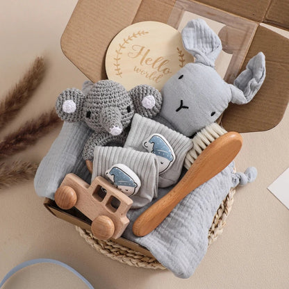 Newborn Baby Bath Gift Set - Cotton Blanket, Saliva Towel, Rattle Toy & Soft Brush Kit