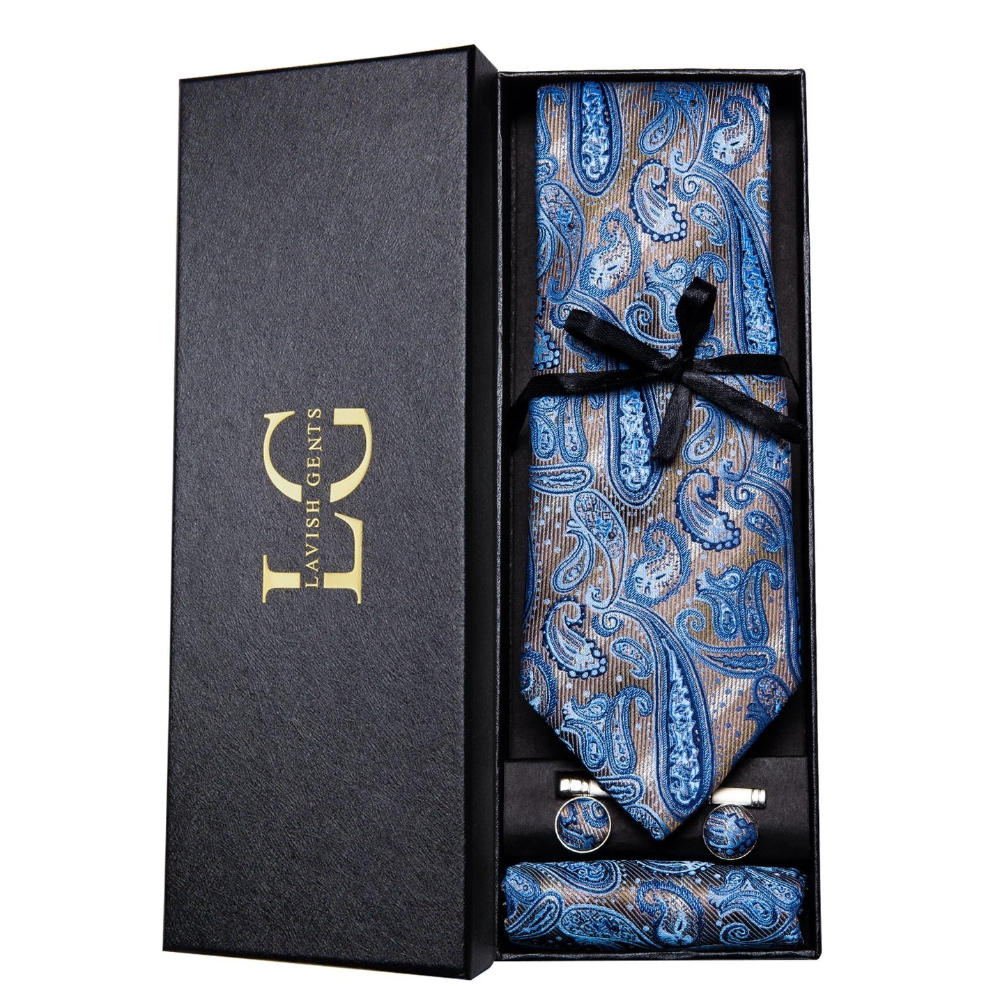 Hi-Tie Luxury Paisley Teal Green Tie Set - Men’s Classic Necktie with Handkerchief & Cufflinks Gift Box for Wedding & Formal Wear