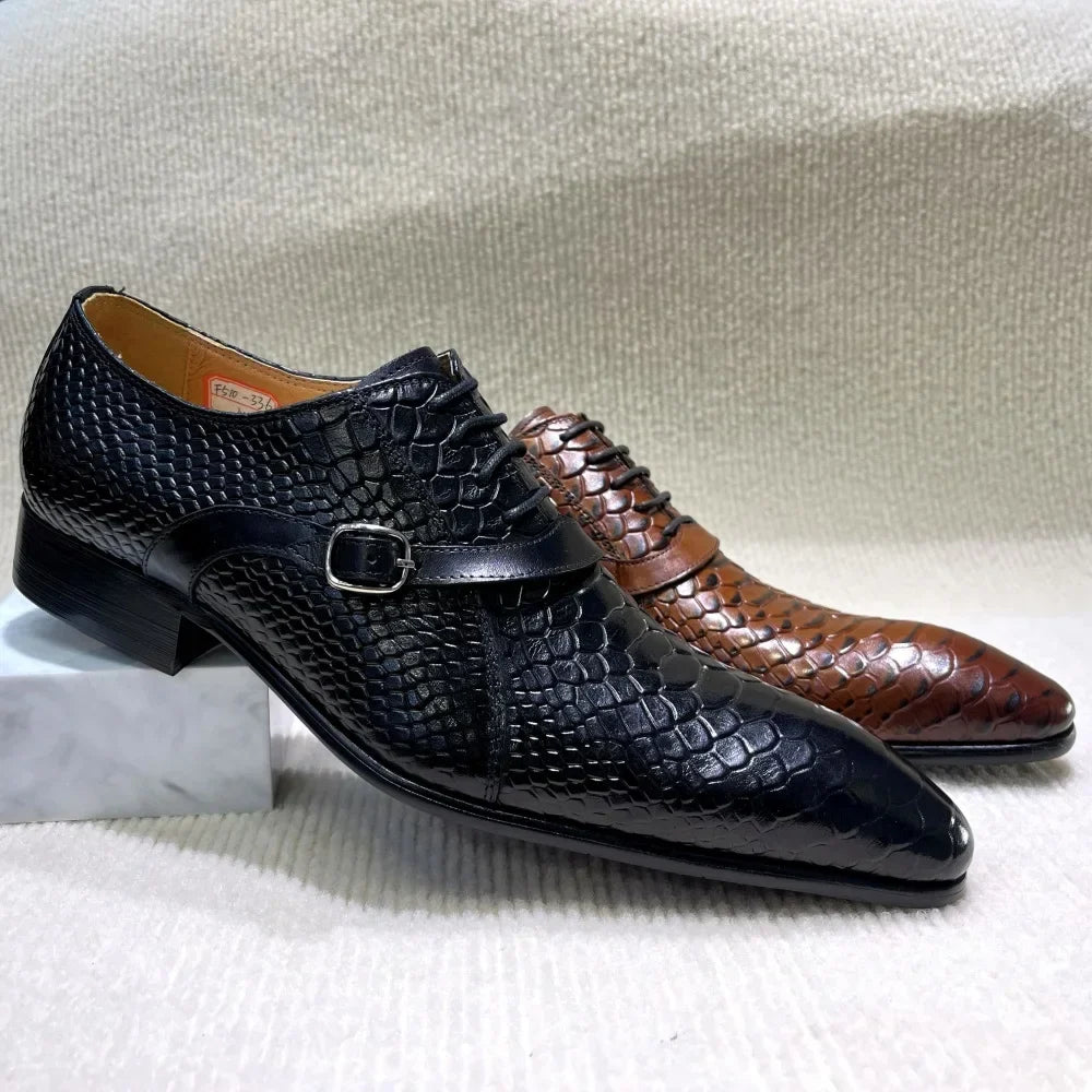Men’s Handmade Italian-Style Leather Dress Shoes - Pointed Toe Python Pattern Wedding & Business Oxford Shoes