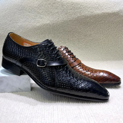 Men’s Handmade Italian-Style Leather Dress Shoes - Pointed Toe Python Pattern Wedding & Business Oxford Shoes