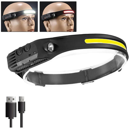 USB Rechargeable LED Sensor Headlamp - XPE + COB Head Torch Flashlight for Camping, Fishing & Outdoor Search Lighting