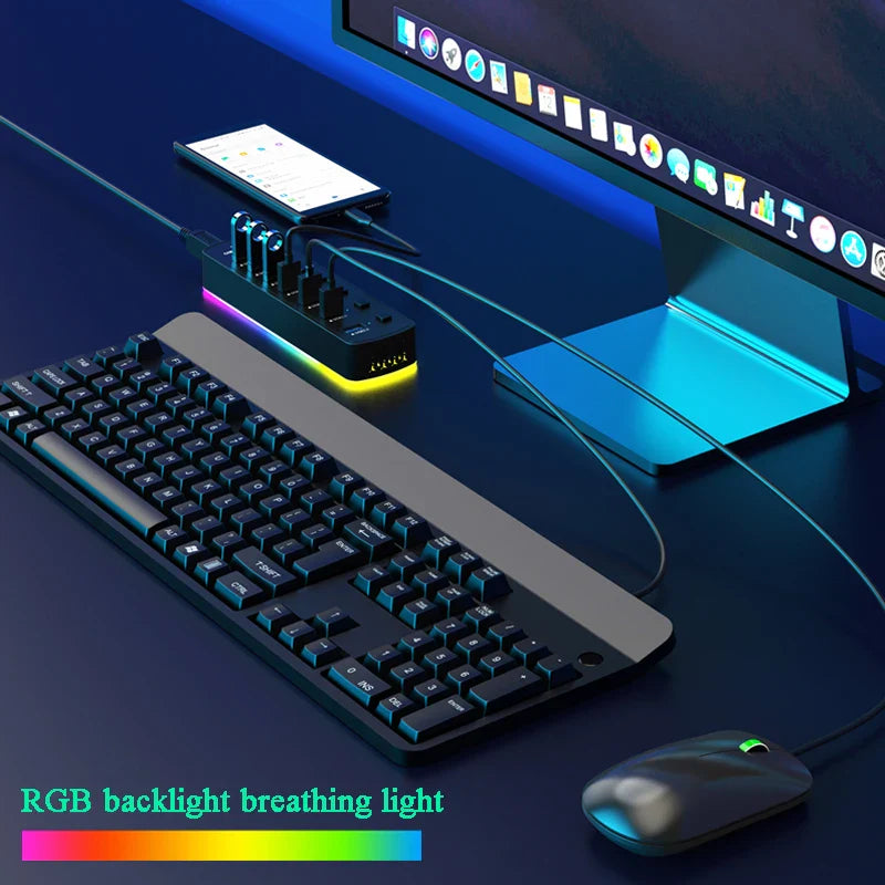 RGB 7-Port USB 3.0 Hub – 5Gbps Data Splitter with Individual On/Off Switch for Laptop & PC Gaming