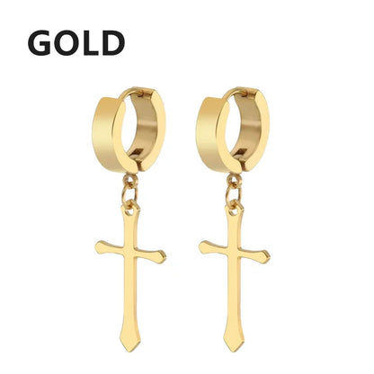 Stainless Steel Cross Star Dangle Earrings - Punk Gothic Hoop Huggie Jewelry for Men & Women