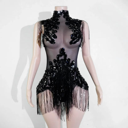 Sexy Shiny Silver Sequin & Black Spandex Jumpsuit — 2025 Women’s Prom, Dancer & Stage Performance Costume