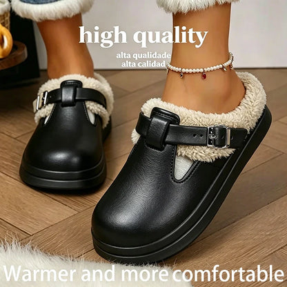 Women’s Winter Plush Mules Slippers - Waterproof EVA Furry Slides with Warm Lining, Metal Buckle & Non-Slip Sole