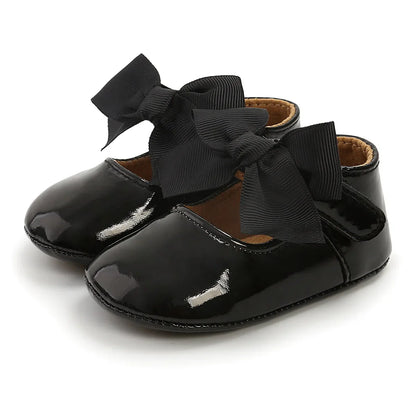 Meckior Baby Girl Shoes – Bowknot PU Ballet Slippers with Rubber Anti-Slip Sole, First Walker Toddler Crib Dress Shoes