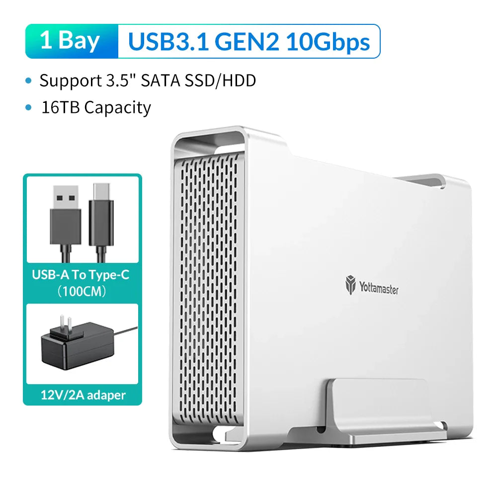 Yottamaster 1/2 Bay RAID Hard Drive Enclosure — 2.5"/3.5" SATA SSD/HDD External Case USB 3.1 Type-C 10Gbps, Supports Up to 2×16TB