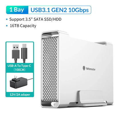 Yottamaster 1/2 Bay RAID Hard Drive Enclosure — 2.5"/3.5" SATA SSD/HDD External Case USB 3.1 Type-C 10Gbps, Supports Up to 2×16TB