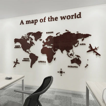 3D Acrylic World Map Wall Stickers – Three-Dimensional Mirror Decals for Bedroom & Office Decoration